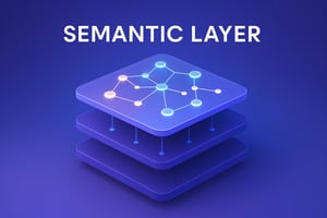 Create a digital banner image that visually represents the concept of a semantic layer in data management Center a stylized layered diagram with interconnected nodes symbolizing data integration and clarity Use a cool color palette of purple and blue-1